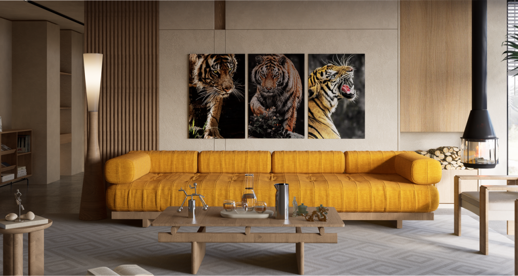 The Art of Drawing Readers In: Your attractive post title goes here Sophisticated living room interior featuring bold tiger artwork and modern furniture.
