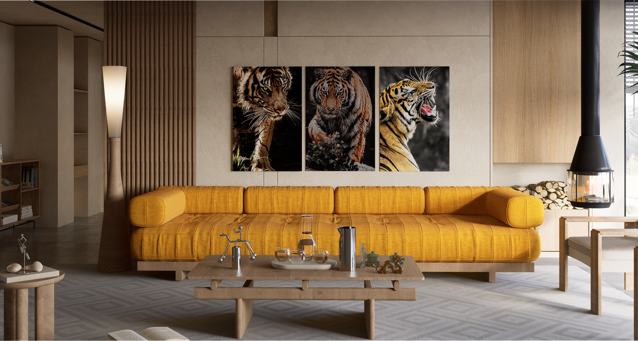 The Art of Drawing Readers In: Your attractive post title goes here Sophisticated living room interior featuring bold tiger artwork and modern furniture.